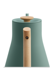 FELLOW | Stagg EKG Pro Electric Kettle, Smoke Green w/ Maple features a gooseneck design, ideal for precise pour-over coffee, with advanced temperature control.