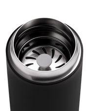 FELLOW | Carter Move Mug, 16 oz, shows its stainless-steel interior with a removable strainer, ideal for keeping drinks flavorful and spill-free on the go.