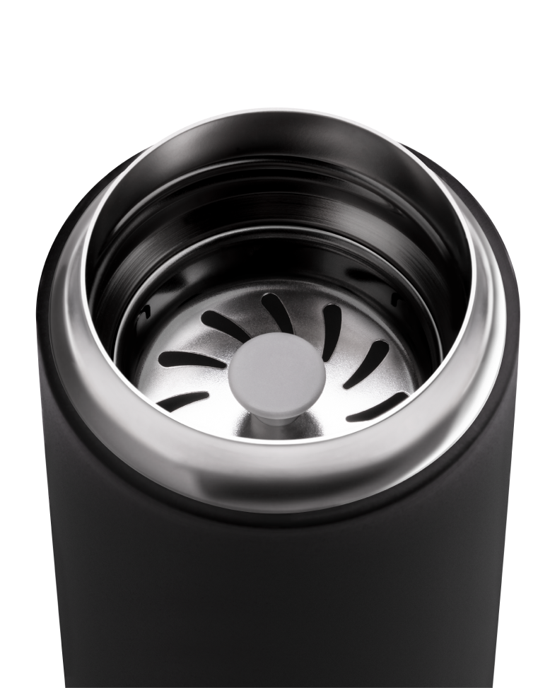 FELLOW | Carter Move Mug, 16 oz, shows its stainless-steel interior with a removable strainer, ideal for keeping drinks flavorful and spill-free on the go.