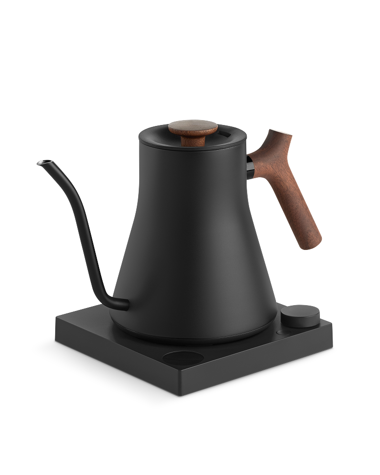 Fellow | Stagg EKG Pro Electric Kettle, Matte Black with Walnut Accents, featuring a gooseneck spout and temperature-control base, ideal for precise pour-over coffee brewing.