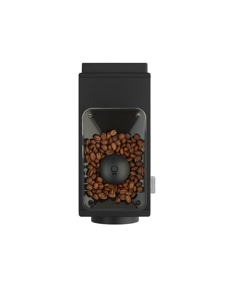 FELLOW | Ode Brew Grinder Gen 2's bean hopper and burr assembly, loaded with coffee beans, showcasing its precision design for consistent grinding in brewing methods.