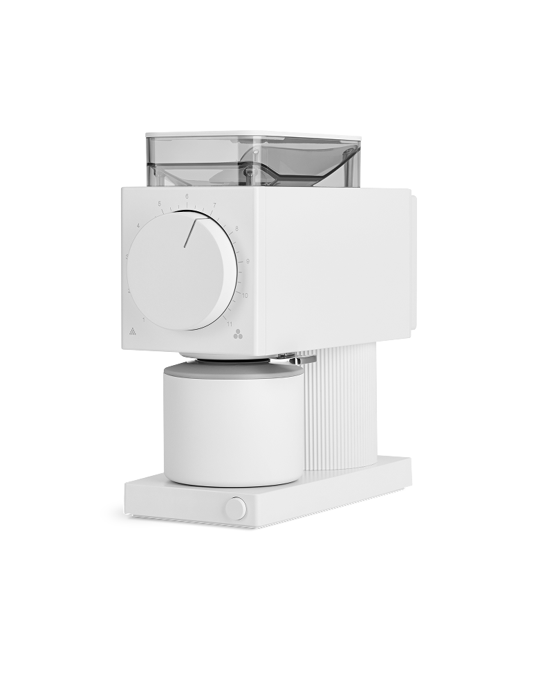FELLOW | Ode Brew Grinder Gen 2, Matte White features a transparent bean hopper, adjustable grind size dial, and a cylindrical catch container for consistent coffee grinding.