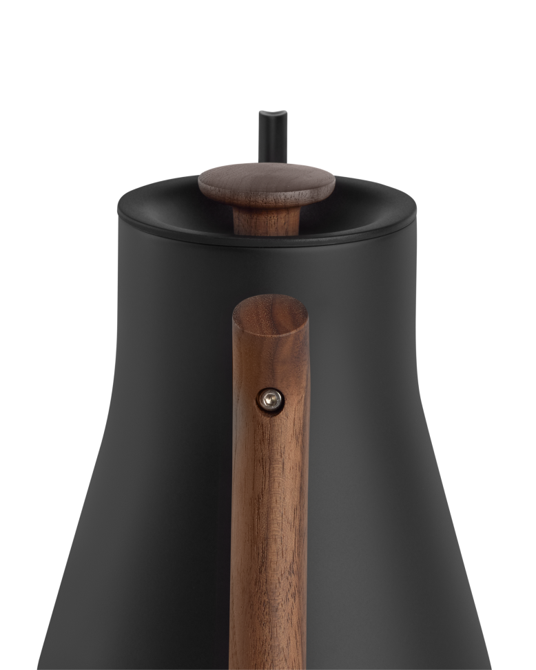 Fellow | Stagg EKG Pro Electric Kettle, Matte Black with Walnut Accents: sleek pour-over kettle with wooden handle and knob, ideal for precise coffee brewing.