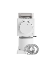 FELLOW | Ode Brew Grinder Gen 2, Matte White with adjustable dial, clear bean hopper, and grounds container, designed for precise coffee brewing methods.