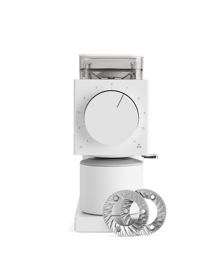 FELLOW | Ode Brew Grinder Gen 2, Matte White with adjustable dial, clear bean hopper, and grounds container, designed for precise coffee brewing methods.
