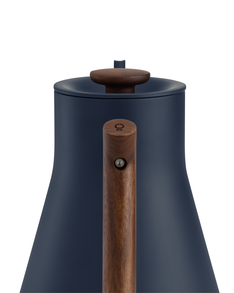 FELLOW | Stagg EKG Pro Electric Kettle, Stone Blue w/ Walnut, featuring a matte body, wooden handle, and knob for precise pour-over coffee brewing.