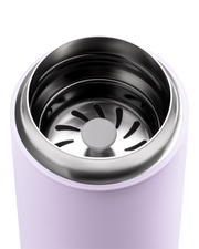 Top view of the FELLOW | Carter Move Mug, Peri Twinkle / 16 oz, showcasing its strainer for tea or fruit infusions, ideal for flavor retention on the go.