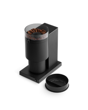 FELLOW | Opus Conical Burr Grinder, Matte Black, with transparent bean hopper and dosing ring, designed for versatile brewing from espresso to cold brew.