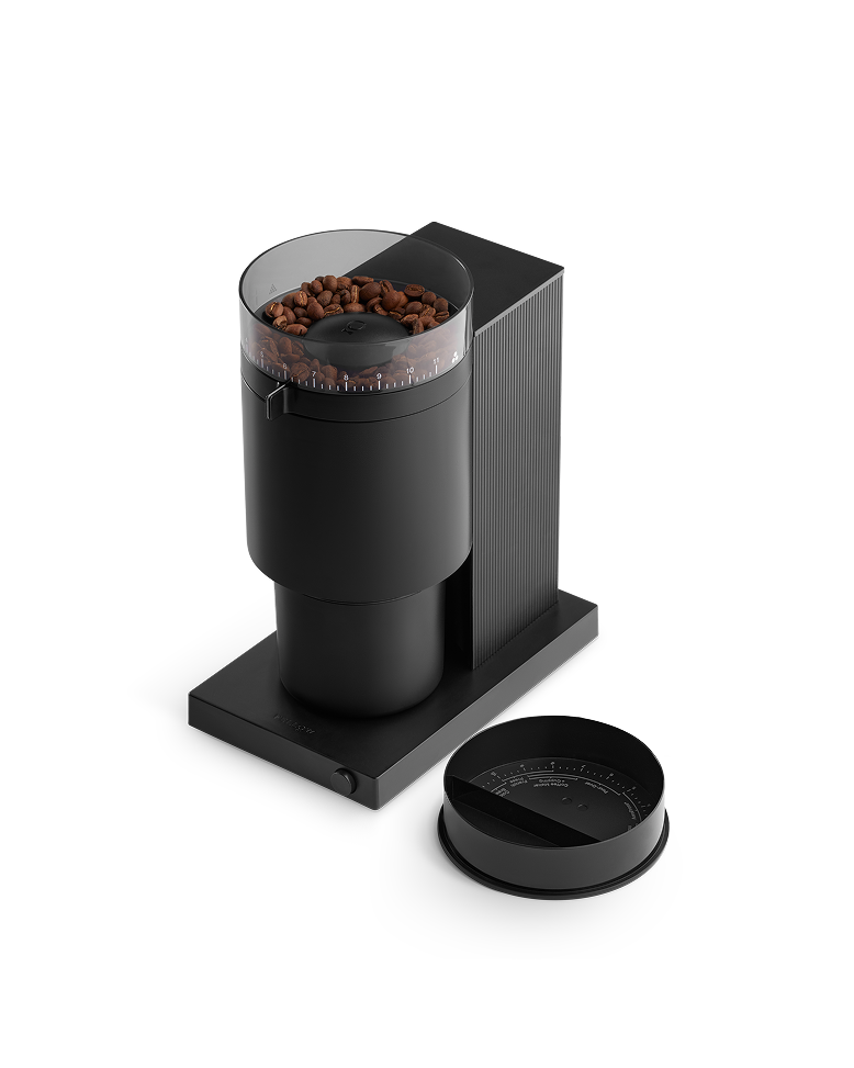 FELLOW | Opus Conical Burr Grinder, Matte Black, with transparent bean hopper and dosing ring, designed for versatile brewing from espresso to cold brew.