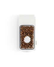 Top-down view of the FELLOW | Ode Brew Grinder Gen 2 in matte white, showcasing its hopper filled with medium-roast coffee beans, highlighting its precision grinding capabilities.