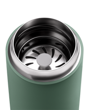 FELLOW | Carter Move Mug, Smoke Green / 16 oz; top-down view reveals strainer for tea or fruit, showcasing its functionality for maintaining drink quality on the go.