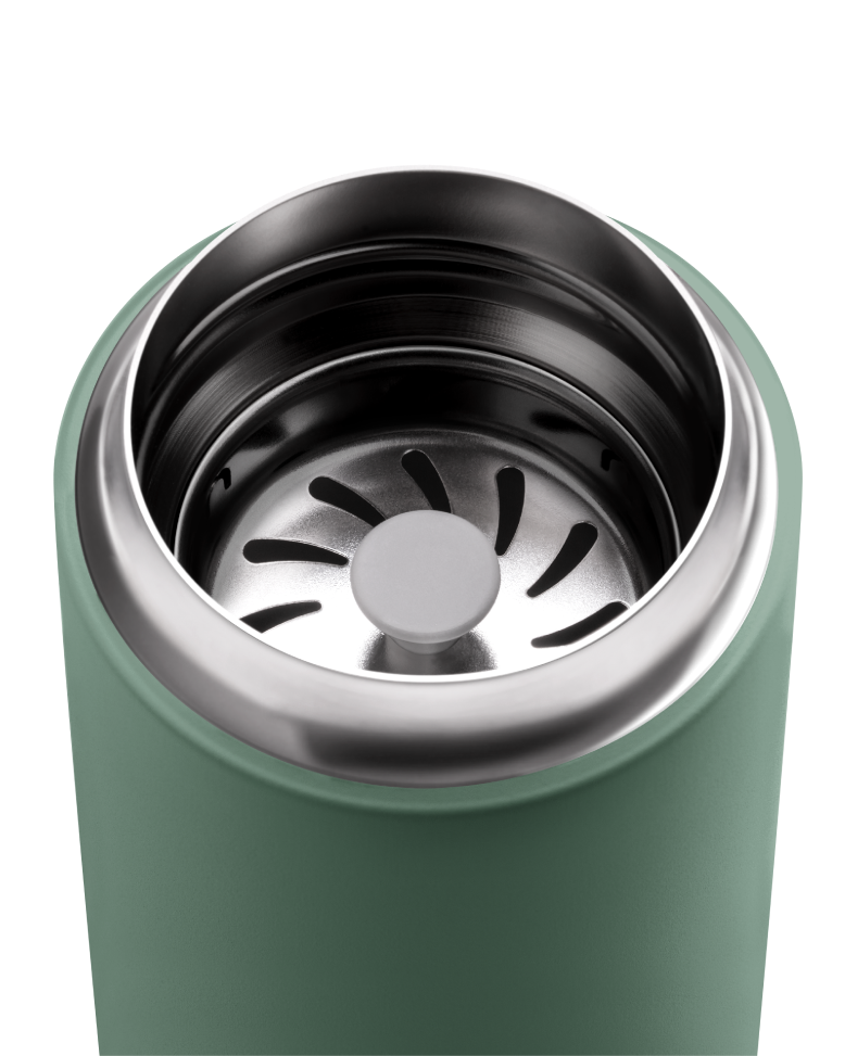 FELLOW | Carter Move Mug, Smoke Green / 16 oz; top-down view reveals strainer for tea or fruit, showcasing its functionality for maintaining drink quality on the go.