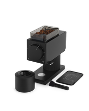 FELLOW | Ode Brew Grinder Gen 2, Matte Black with adjustable grind settings, bean hopper, portafilter rest, catch cup, cleaning brush, and dosing mat for precise home brewing.