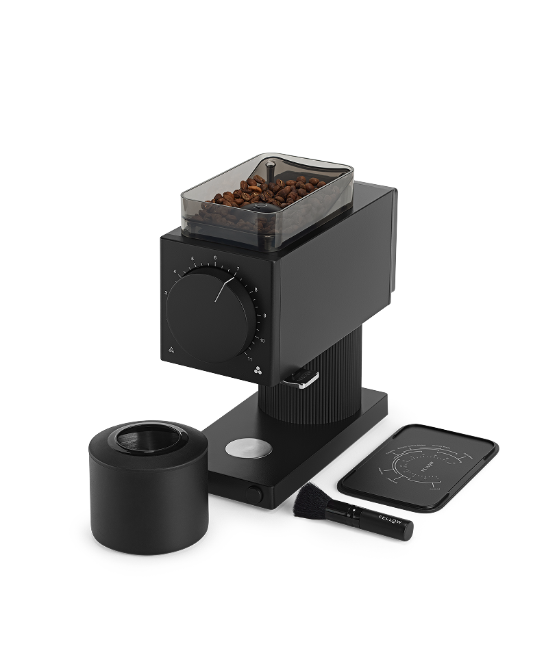 FELLOW | Ode Brew Grinder Gen 2, Matte Black with adjustable grind settings, bean hopper, portafilter rest, catch cup, cleaning brush, and dosing mat for precise home brewing.