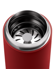 FELLOW - Carter Move Mug: Really Red / 16 oz, open and empty, showing its stainless-steel lining and removable strainer for tea or fruit infusions.