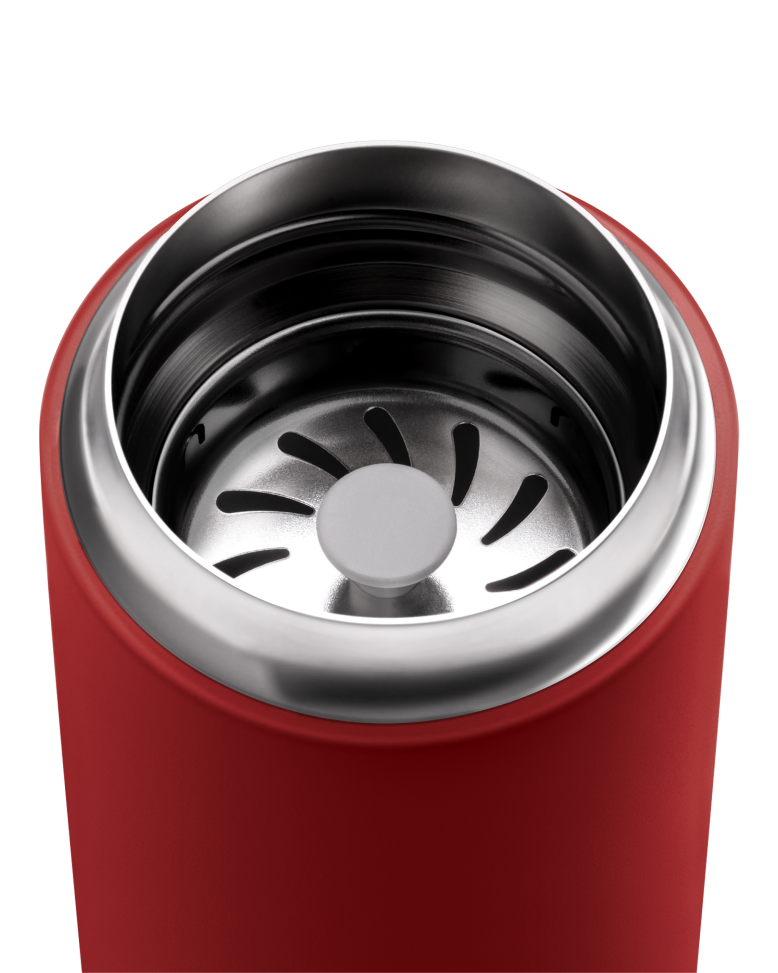 FELLOW - Carter Move Mug: Really Red / 16 oz, open and empty, showing its stainless-steel lining and removable strainer for tea or fruit infusions.