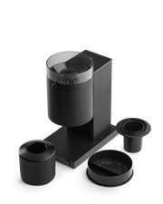 FELLOW | Opus Conical Burr Grinder, Matte Black with bean hopper, grind-size dial, catch canister, dosing funnel, and tamping lid, ideal for diverse brewing styles.