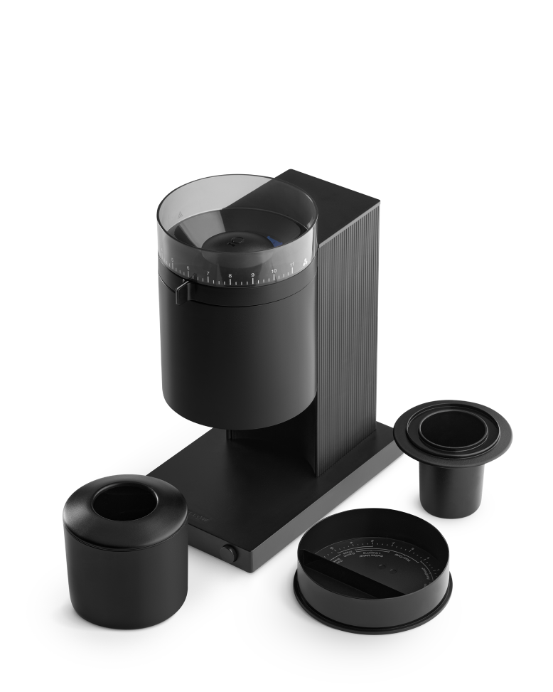 FELLOW | Opus Conical Burr Grinder, Matte Black with bean hopper, grind-size dial, catch canister, dosing funnel, and tamping lid, ideal for diverse brewing styles.