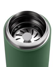 FELLOW | Carter Move Mug, Cargo Green / 16 oz, showcasing its stainless steel interior and strainer, designed for spill-free, temperature-retaining travel and daily use.