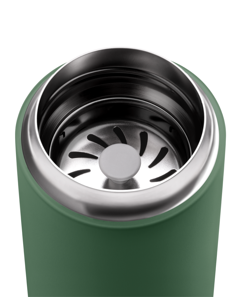 FELLOW | Carter Move Mug, Cargo Green / 16 oz, showcasing its stainless steel interior and strainer, designed for spill-free, temperature-retaining travel and daily use.