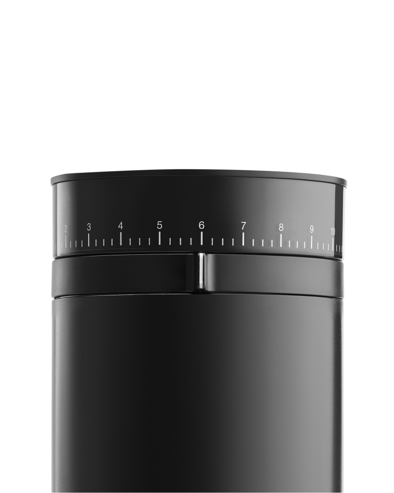 FELLOW | Opus Conical Burr Grinder, Matte Black, featuring a numbered ring for adjustable grind sizes, ideal for diverse brewing methods from espresso to cold brew.