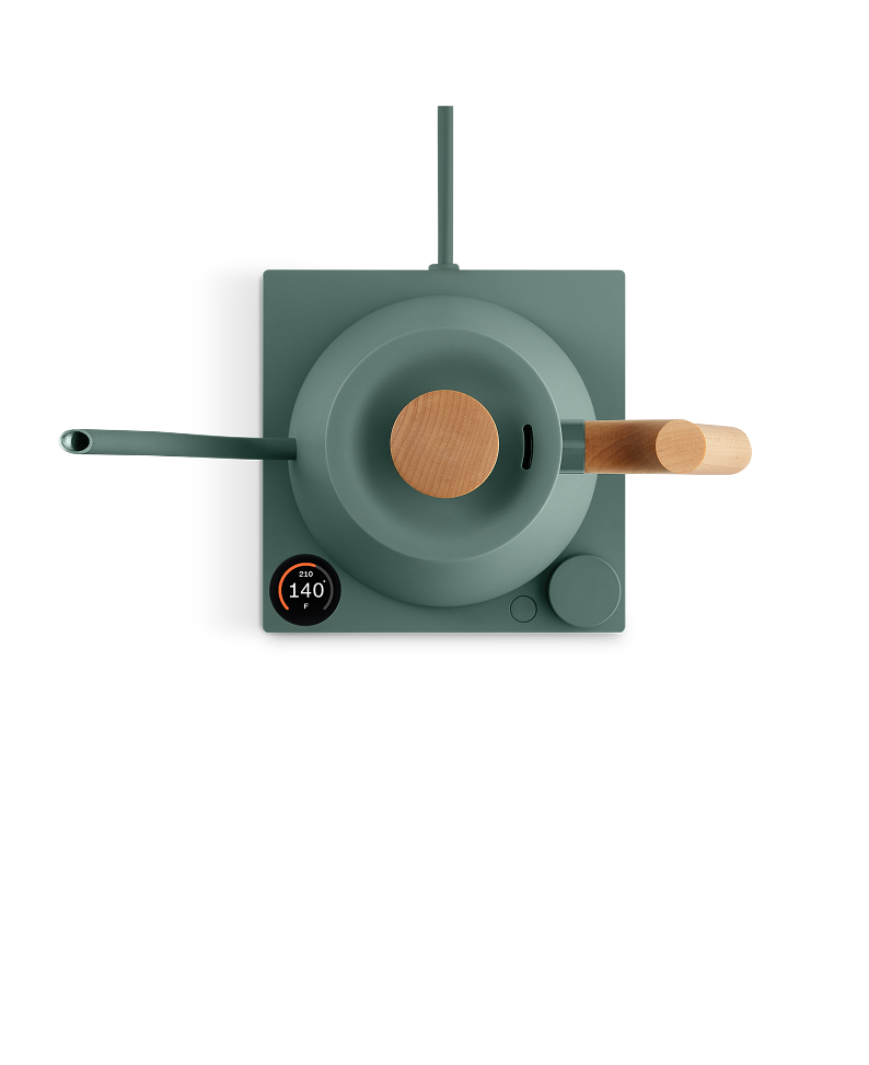 FELLOW | Stagg EKG Pro Electric Kettle in Smoke Green with Maple handle, featuring a digital display and control knob for precision brewing on its base.