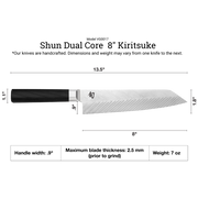 Shun Dual Core Kiritsuke, 8-inch Japanese chef's knife with Damascus-patterned blade and octagonal pakkawood handle, showcasing dimensions. Ideal for precision cooking tasks.