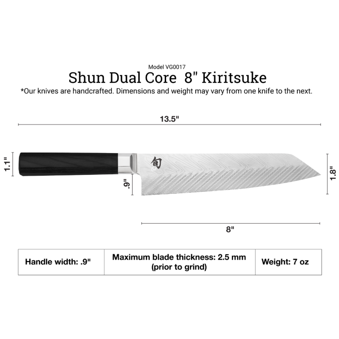Shun Dual Core Kiritsuke, 8-inch Japanese chef's knife with Damascus-patterned blade and octagonal pakkawood handle, showcasing dimensions. Ideal for precision cooking tasks.