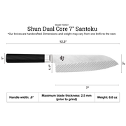Shun | Dual Core Santoku, 7 inches: Japanese knife with Damascus-pattern blade and kanji logo, featuring an octagonal wooden handle, ideal for versatile kitchen tasks.
