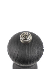 Peugeot | Paris Nature Collection Pepper Mill, Nature Black, top view showing black-stained wood with a central metal adjustment knob featuring a lion’s-head emblem, showcasing eco-friendly design.