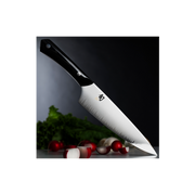 Shun | Narukami 8 Chef's Knife with carbon steel core, showcased over radishes on cutting surface, embodies precision and artistry for culinary enthusiasts.