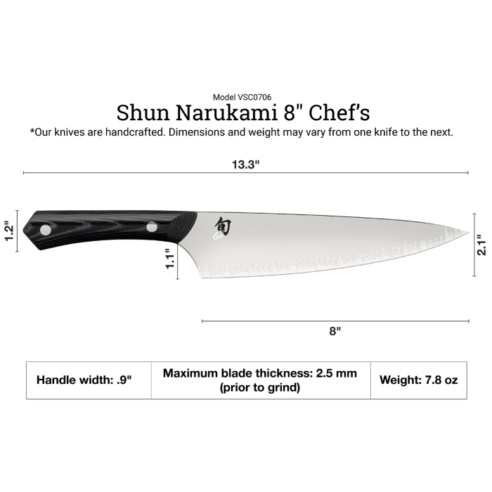 Shun Narukami 8 Chef's Knife features an 8 blade, black two-riveted handle, handcrafted in Japan, showcasing precise measurements for professional kitchen performance.