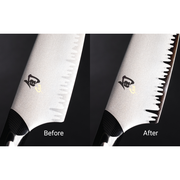 Shun Narukami 8 Chef's Knife showcasing original shallow scallops beside reworked, deeper scallops for enhanced cutting performance.