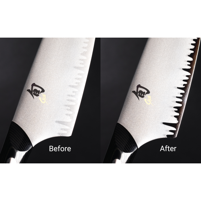 Shun Narukami 8 Chef's Knife showcasing original shallow scallops beside reworked, deeper scallops for enhanced cutting performance.