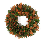 Weston Farms | Magnolia Wreaths: A lush decorative wreath made of glossy, dark-green and warm-brown magnolia leaves, ideal for enhancing home décor.