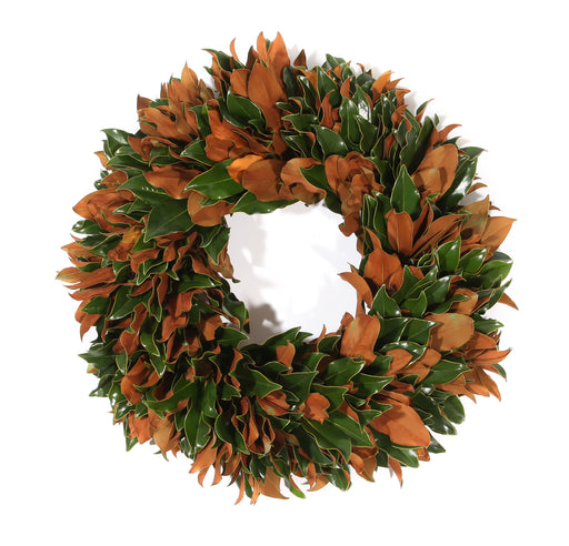 Weston Farms | Magnolia Wreaths: A lush decorative wreath made of glossy, dark-green and warm-brown magnolia leaves, ideal for enhancing home décor.