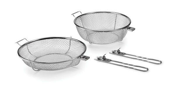 The Fox Run Brands 3 in 1 Grilling Basket is ideal for both indoor and outdoor cooking. Each basket includes detachable long metal handles, which can be conveniently laid out beside the mesh strainers, showcasing a simple and utilitarian design reminiscent of a traditional grill basket.