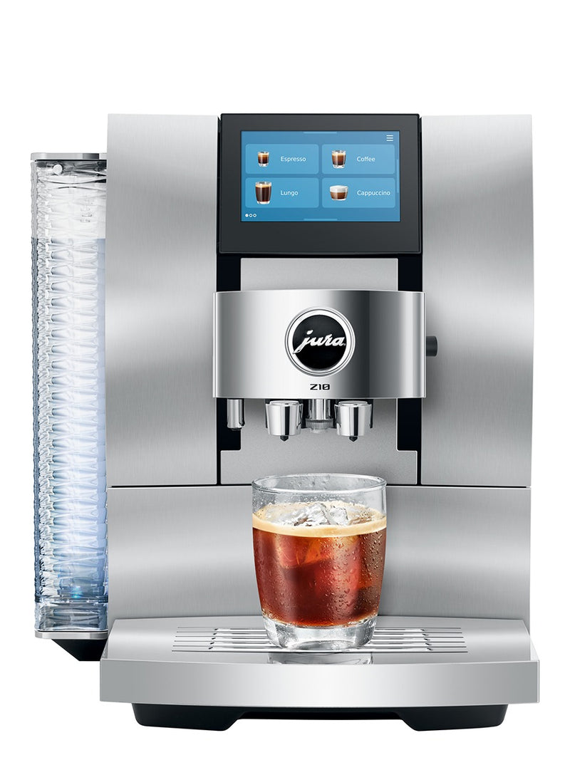 Jura Z10 Gen 2 in Aluminum White, front view with iced coffee