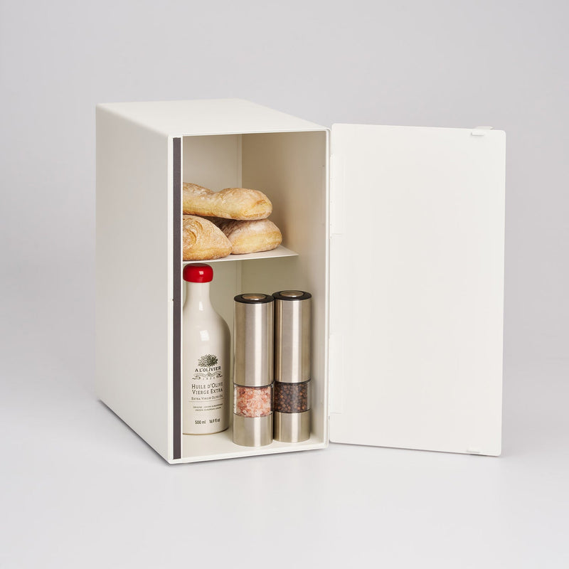Yamazaki Home | Bread Box, Vertical, Steel + Wood, open, showcasing bread, olive oil, and grinders, ideal for organized, fresh kitchen storage.