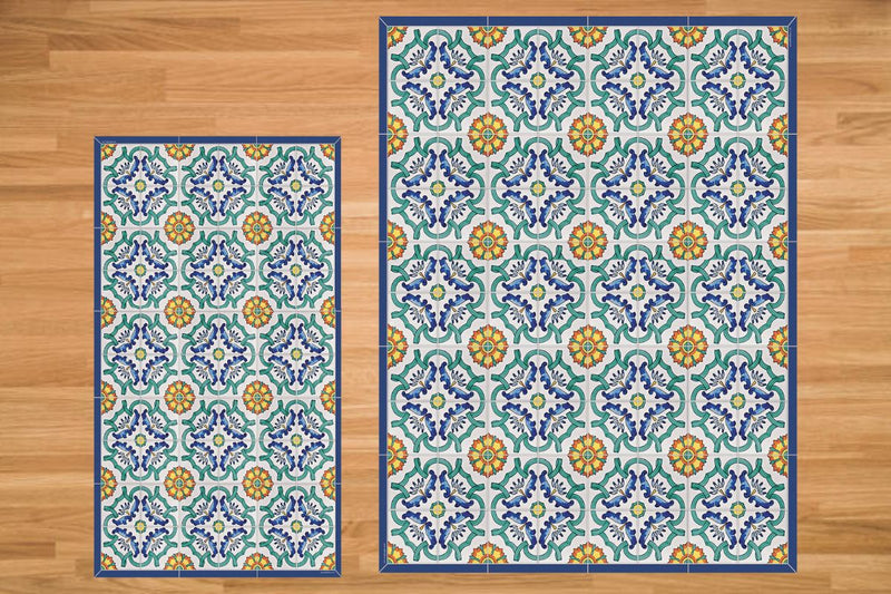 Etú HOME | Positano B Italian Vinyl Rug, featuring a vibrant geometric pattern, embodies Italian style, ideal for enhancing kitchens or entryways with its decorative and functional design.