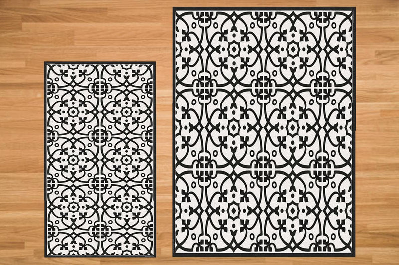 Etú HOME | Liberty L Italian Vinyl Rug features a black and white pattern, perfect for enhancing kitchens or entryways with water resistance and anti-slip design.