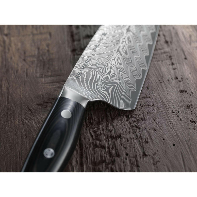 Zwilling | Kramer Damascus Knife Collection - 12 Double Cut Honing Steel showcasing a wide blade with a Chevron Damascus pattern, designed for enhanced knuckle clearance and efficiency.