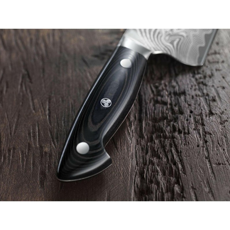 Zwilling | Kramer Damascus Knife Collection - 12 Double Cut Honing Steel, showcasing a wide blade with 101-layer Chevron Damascus design and a black linen Micarta handle.