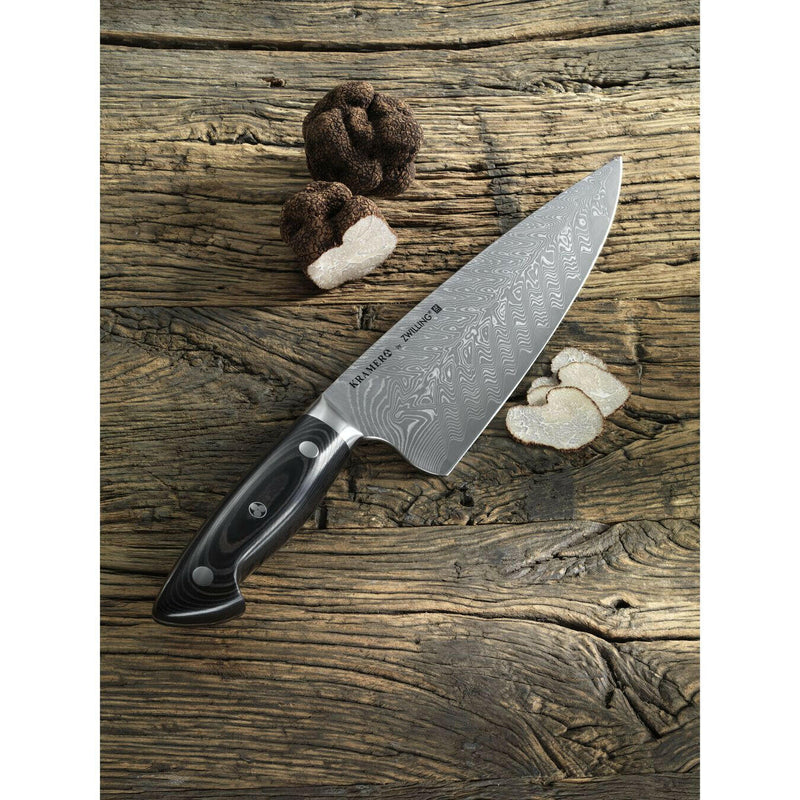 Zwilling | Kramer Damascus Knife Collection - 12 Double Cut Honing Steel, featuring a wide, 101-layer Chevron Damascus blade and black linen Micarta handle.