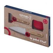 Opinel | Le Petit Chef 3pc Knife Set - Navy, featuring a wooden-handled knife, red silicone finger-guard, and peeler, visible through the die-cut window.