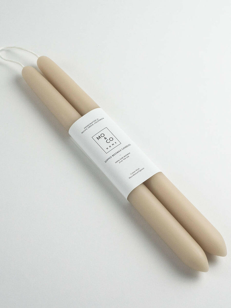 Mo&Co | 100% Beeswax Dipped 14 Tapers, hand-dipped candles. Sold in pairs, crafted from beeswax, featuring cotton wicks, made in Pacific Grove, California.
