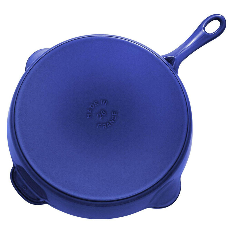 Staub Traditional Deep Fry Pan 11 inch - Deep Blue, features high sides and enameled cast iron, ideal for versatile cooking and seamless oven-to-table presentation.