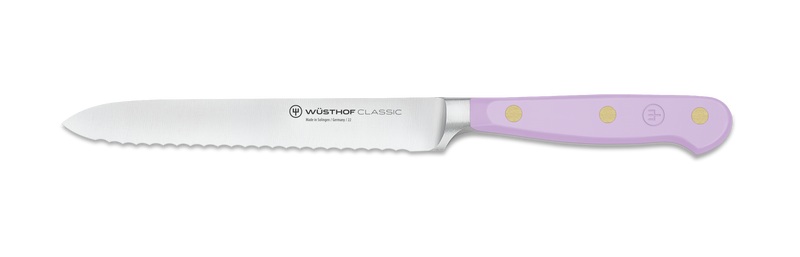 Wüsthof | Classic 5 Serrated Utility - Velvet Oyster knife with a purple handle, ideal for slicing bread and firm fruits, showcased against a plain background.