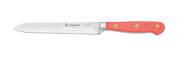 Wüsthof Classic 5 Serrated Utility - Velvet Oyster knife with red handle, ideal for cutting rolls, vegetables, and fruits; essential for sandwich preparation and brunch settings.