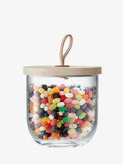 LSA International Ivalo container with ash lid, mouth-blown glass, featuring a leather toggle, ideal for versatile storage or display in kitchen or workspace.